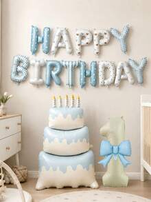 16件組生日氣球套裝，16英吋生日快樂字母氣球、60英吋立式蛋糕鋁箔氣球、40英吋奶油色0-9數字鋁箔氣球、藍色蝴蝶結氣球，適用於生日派對、嬰兒洗禮裝飾 - 淺藍色 - 查看 2