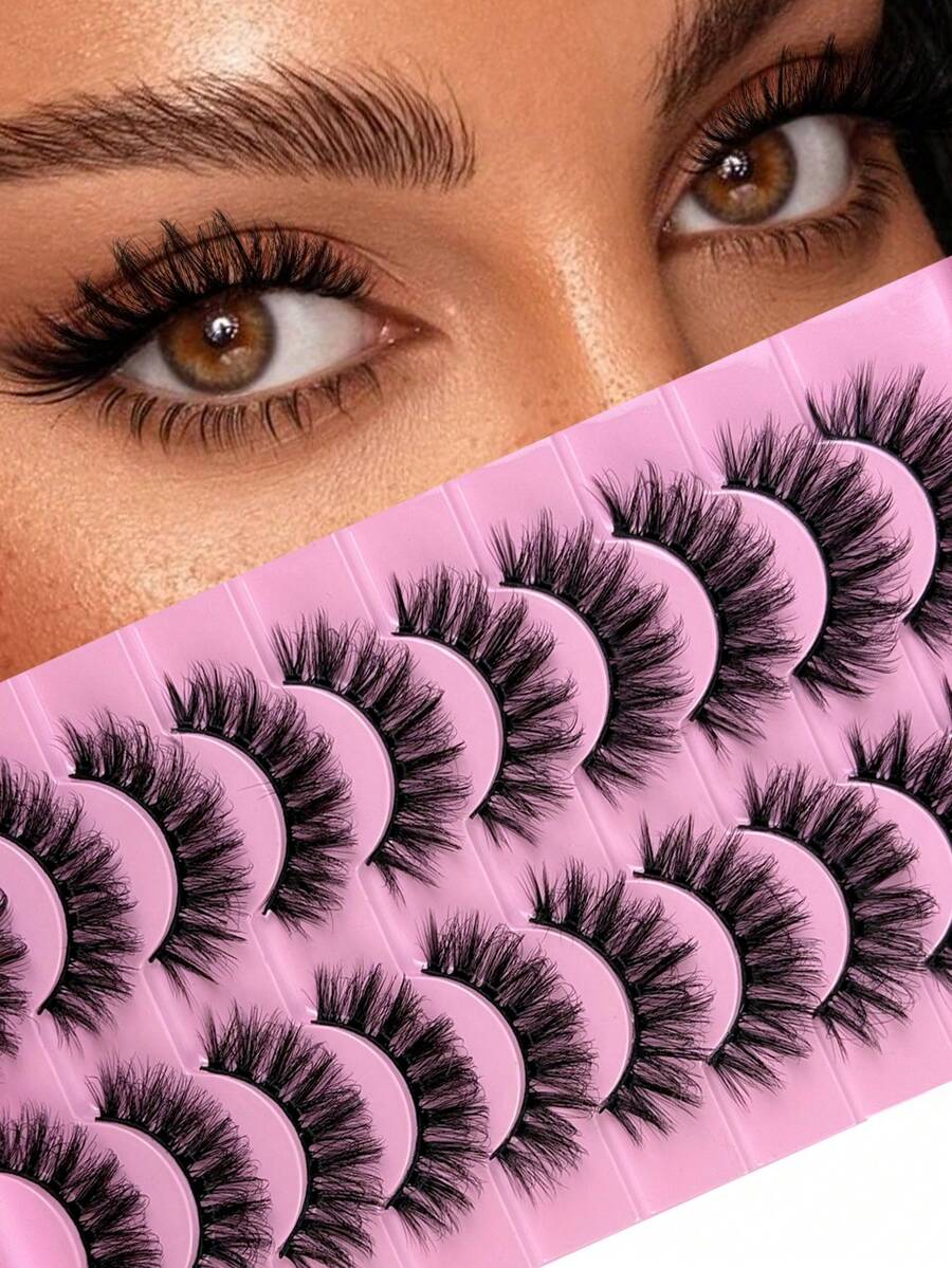 Hinarin 10 Pairs Fluffy False Eyelashes Natural Look 3D Effect Wispy Russian Strip Lashes Cat Eye Faux Mink Lashes Strip Eyelashes For Women Parties Dateing Festivals