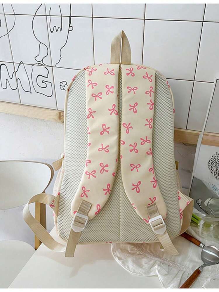 Back To School Bowknot Print Laptop Backpack, Large Capacity Multi-Functional Travel & Shopping Bag Suitable For Various Occasions - Pink - View 5