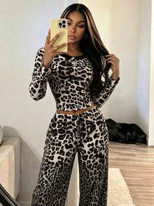 2pcs Women's Loose Leopard Print Crew Neck Long Sleeve Top + Casual Pants Cute Loungewear Set - Black - View 4