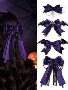 4/8pcs Gothic Style Purple Black Lace Bow Ribbon Hair Clip, Halloween Bat Cross Chain Hair Clip, Holiday Hair Accessory - Multicolor - View 1