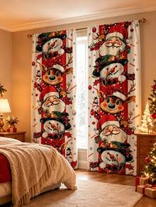 2pcs Cartoon Christmas Vertical Stacked Character Curtains, Santa Claus Snowman Reindeer Snowflake Candy Print, Polyester Material, Pocket Rod Installation, Merry Christmas Decoration 2027 Home Seasonal Bedroom Living Room Kitchen Bathroom Laundry Room Curtains, New Year Decoration, Machine Washable, Good Light Transmittance, Christmas Atmosphere Decorative Curtains, Multiple Sizes Available, 2D Flat Print, Super Cool Decorative Curtains - Multicolor - View 4