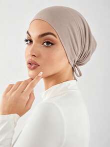 1pc Women's Solid Color Non-Slip Elastic Band Adjustable Scarf Beanie Hat - Light Khaki B - View 3