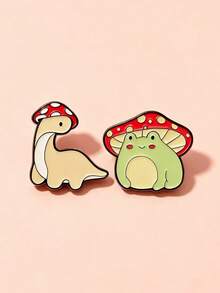 2pcs Cartoon Cute Mushroom Dinosaur Frog Shaped Brooch, Alloy Metal Badge, Clothing Accessory, Bag Decoration - Multicolor - View 5