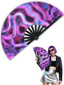 1pc UV Large Carnival Hand Fan, Bamboo Frame, Suitable For Dance, Music Festival, Party, Performance And Gift - Streamer - View 6