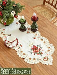 1pc Christmas Candle And Poinsettia Embroidered Table Runner, Hollow Carved Design, Vintage Christmas Table Decor, Suitable For Dinner Party, Family Gathering, Home Holiday Decoration - Multicolor - View 8