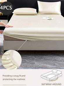 4-Piece Beige Premium Solid Color Silky Satin Bedding Set, Includes 1 Fitted Sheet, 1 Flat Sheet And 2 Pillowcases (Pillow Inserts Not Included). Modern Soft Bedding, Suitable For Home Use, Bed Skirt Depth Up To 11.8 Inches, Satin Pillowcases Soft And Breathable, Wrinkle-Resistant - Beige - View 2