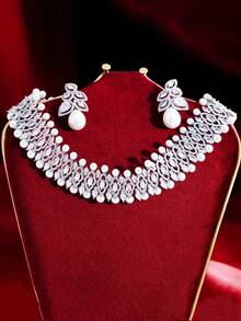 1 Set Luxurious Silver Plated Cubic Zirconia Wide Choker Pearl Necklace And Earrings Wedding Brides Jewelry Set For Women Banquet Party Anniversary Gift - White - View 9