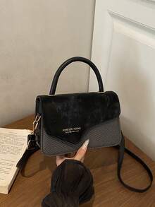 1pc Letter Pattern Patchwork PU Portable Flap Fashion Women's Handbag Suitable For Autumn/Winter Daily Shopping - Black - View 6