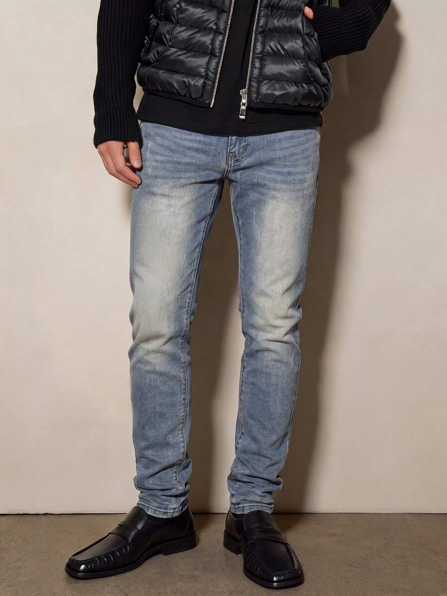 Men's Light Blue Gradient Fade Segmented Slim Fit Stretch Denim Jeans, Gradient Wash Distressed Knee Split Design Casual Streetwear Long Pants - Blue - View 1