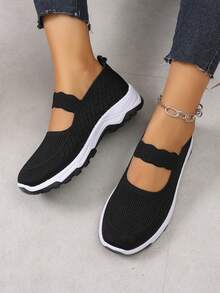 NOBLEARL Women's Mary Jane Knit Slip On Sneakers, Elastic Strap Flat Walking Shoes, Breathable Mesh Lightweight Casual Shoes - Black - View 2