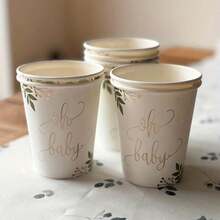 16pcs Botanical Cups, Botanical Paper Cups With Golden Foil, White And Green Shower Tableware, Gender Neutral Shower, Natural Shower - Oh Baby - View 1