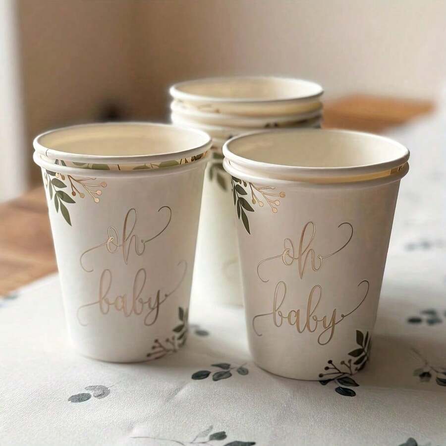 16pcs Botanical Cups, Botanical Paper Cups With Golden Foil, White And Green Shower Tableware, Gender Neutral Shower, Natural Shower - Oh Baby - View 1