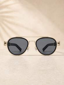 European And American Retro Sunglasses For Women, Gold And Gray Color Scheme, Rounded Small Frame, Gray-Black Lenses, Gold Metal Frame, Black Temples With Exquisite Metal Details, Suitable For Cafe, City Stroll, Weekend Outing - Multicolor - View 3