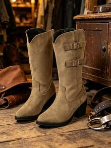 Metal Buckle Decor Western Cowboy Boots, Pointed Toe Chunky Square Heel Mid-Calf Boots, Women's Faux Suede Vintage Riding Boots - Camel - View 6