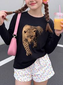 1pc Tween Girls American Vintage Realistic Money Leopard Long Sleeve T-Shirt Black Cool Street Style Unisex Loose Top Spring Autumn - Black - View 3