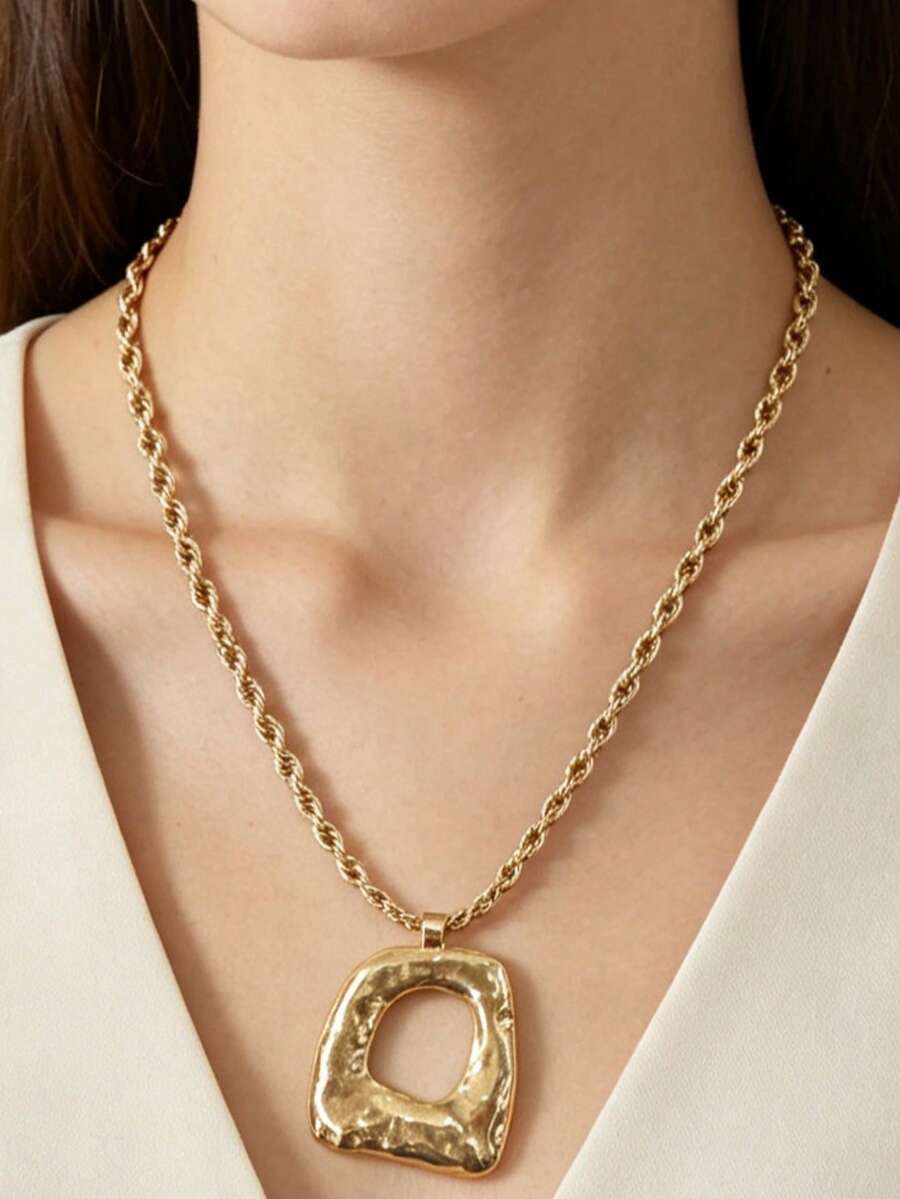 1pc Vintage European & American Style Thick Chain Necklace With Braided Rope, Asymmetrical Hollow Square Geometric Pendant, Luxury Long Collarbone Chain - necklace - View 1
