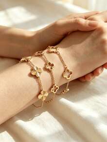 3pcs/1pc 18K Gold Plated Clover & Flower Pattern Stainless Steel Stackable Bracelet, Suitable For Women's Daily Wear, Work Occasions Or Casual Occasions - Gold - View 2