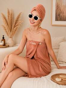 1Set Custom Embroidered Name Hair Turban & Bath Wrap Set, Personalized Monogram Spa Body Wrap With Button Fastener, 5 Color Selections, Holiday Keepsake Gift, Bathroom Daily Use & Self Care At Home - Multicolor - View 7