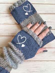 Autumn/Winter Colorblock Knit Fingerless Wrist Warmers With Cute Heart Print, Elastic Warm Gloves For Women, Daily Use - Multicolor - View 3
