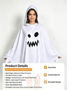 Halloween White Ghost Hooded Cloak Costume, Scary Ghost Face Distressed Cape, Cosplay Outfit, Suitable For Carnival, Masquerade Ball, Haunted House Party - Multicolor - View 3