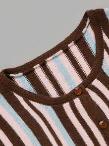 Women Autumn Vertical Striped Knit Cardigan Round Neck Single‑Button Short Fitted Jacket Back To School Festival Daily Tops - Brown - View 4