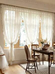 1pc White Small Floral Lace Ruffle Sheer Curtain Valance, Short Curtain, Coffee Curtain, Vintage Pastoral Romantic Style, Semi-Transparent, Polyester Fiber Material, Suitable For Bedroom, Room, Living Room, Kitchen, Office, Cafe And Home Decor (Tie-Backs Not Included) - Multicolor - View 5