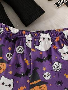 Newborn Baby Girl Autumn/Winter Halloween Black Ribbed Ruffle Long Sleeve Halloween Print Letter Bodysuit And Pumpkin Little Devil All-Over Print Ruffle Design Bow Flare Pants Set With Headband (Suitable For Halloween Night Outfit) - Black - View 5