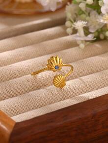 1PC Zirconia Double Shell Rings For Women Gold Color Stainless Steel Blue Crystal Shell Ring Ocean Beach Summer Fashion Jewelry Gift - Multicolor - View 2