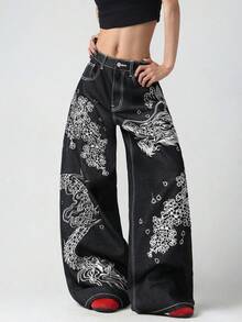 1件美式街頭復古女款紅色刺繡黑色牛仔褲 寬鬆舒適寬腿時尚四季百搭牛仔長褲（本產品不含腰帶/配件） - 黑與白 - 查看 4