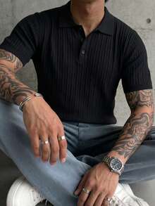 Men's Vertical Ribbed Knit Short Sleeve Polo Shirt, Slim Fit Casual Streetwear Top - Black - View 2