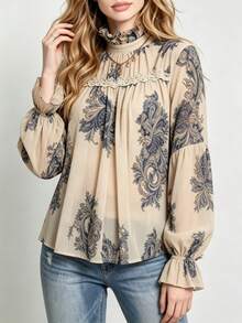 YUXIN Modern Elegant Women's Paisley Print Blouse, Ruffle Trim Faux Collar Lace Patchwork Bishop Sleeve Top, Autumn/Winter Daily Commute & Vacation Wear - Khaki - View 6
