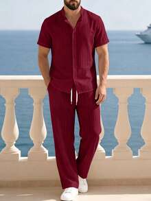 JINYA Men's Summer Casual Mediterranean Resort Style Minimalist Leisure Shirt, Pants & Beach Set, Suitable For Daily Wear, Office, Outdoor, City, Regular, Casual, Youth, Simple, Retro, Versatile, Texture, Elegant, Personalized, Sports - Multicolor - View 1