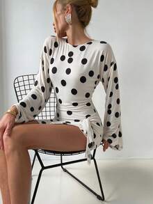 White Background Large Polka Dot Round Neck Long Sleeve Bodycon Mini Dress Women Side Drawstring Ruched Tie Elastic Slim Fit - White - View 1