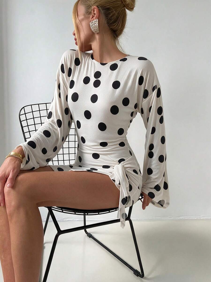 White Background Large Polka Dot Round Neck Long Sleeve Bodycon Mini Dress Women Side Drawstring Ruched Tie Elastic Slim Fit - White - View 1
