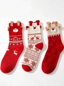 1/3/6Pairs Mixed Color Pack Autumn Winter Christmas Socks Santa Claus Gift Snowflake Reindeer Cute Cartoon Mid-Calf Socks Holiday Limited Edition Warm Breathable - Multicolor - View 4