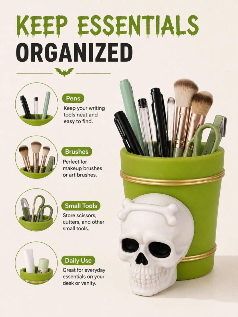 1PC Halloween Skeleton Pen Holder, Cute 3D Skeleton Desk Organizer Cup, Suitable For Office, Study Room And Spooky Halloween Decor. Halloween Gift - Style a - View 1