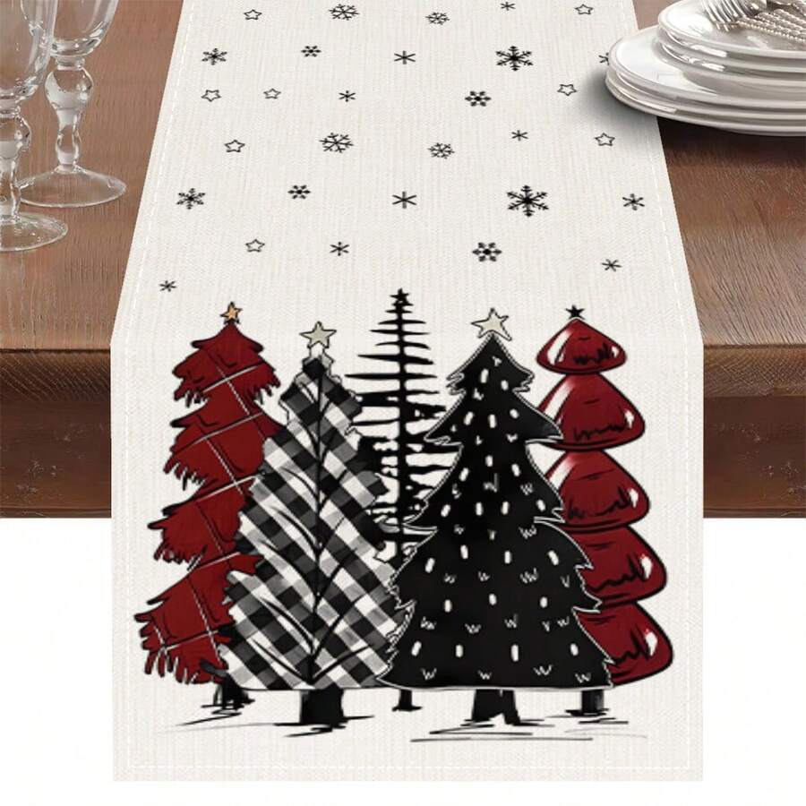 1pc Black & Red Buffalo Plaid Christmas Tree Table Runner, Snowflake & Star Print Decorative Tablecloth, Farmhouse Style Christmas Dining Room Home Party Decoration - Multicolor - View 1