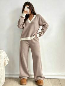 Women 2 Pieces Matching Set Solid Ribbed V‑Neck Long Sleeve Knit Sweater & Pants ElegantCasual CommuterOutfitFallWinterOffice DatingLoungewearforLadies - Khaki - View 2