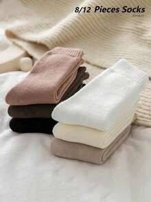4/6 Pairs Women's Thick Warm Socks, Thick Warm Terry Socks Suitable For Winter Wear, Can Be Used As Boat Socks, Sleeping Socks, Floor Socks, Terry Socks, Colors: Black, White, Solid Color Style, (1 Pair), 8/12 Socks - Multicolor - View 14