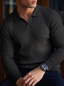 Men's Textured Vertical Ribbed Polo Collar Knit Sweater, Black, Premium Business Style, Long Sleeve, Autumn/Winter, Layering Base Layer - Black - View 3