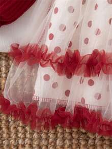 Autumn/Winter Toddler Girls Christmas Holiday Princess Style Tulle Patchwork Long Sleeve Butterfly & Polka Dot Element Tutu Dress - Red - View 3