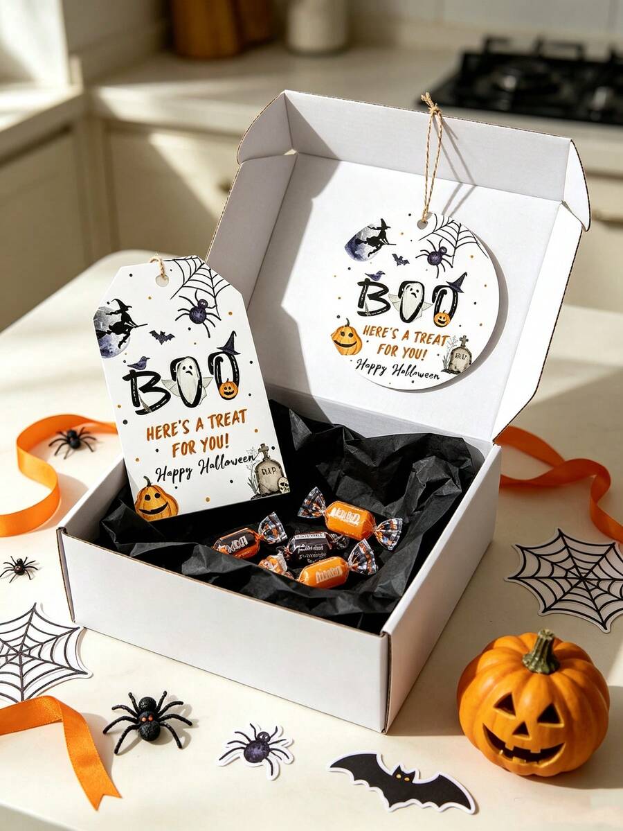 20pcs Halloween Gift Decoration Tag Card Set, Bat, Witch, Spider Pattern Decorative Tag Cards, Halloween Party Gift Tag Pendants, Gift Packaging Decoration Cards, Halloween Gift Wrapping Supplies, Suitable For Halloween Party Gift Packaging, Holiday Decorations - Multicolor - View 1