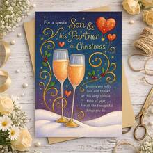 1 Greeting Card + 1 Envelope Elegant Christmas Card Champagne Glass Heart Design "Love For You Two" Suitable For Son And Partner Holiday Art Card - Multicolor - View 2