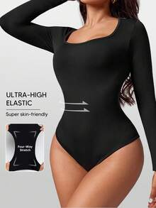 Bodysuit Wanita Warna Polos Tanpa Jahitan, Leher Persegi, Semi-Bodycon, Lengan Panjang, Pinggang Bergaris - Hitam - View 4