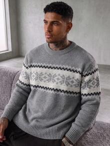 Men's Casual Versatile Plaid Jacquard Crew Neck Long Sleeve Knit Sweater, Korean Style, Suitable For Autumn And Winter - Grey - View 3