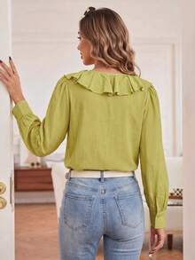 Women's V-Neck Ruffle Green Blouse, Fashion Long Lantern Sleeve Top, Suitable For Various Street And Home Occasions - Lime Green - View 11