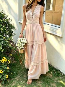 Gaun Maxi Chiffon Elegan untuk Pesta Musim Gugur, Leher V Seksi dengan Hiasan Renda, Cocok untuk Prom; Hiasan Renda Bersegmen dan Desain Ruffle Berlapis-lapis Warna Pink - Berwarna merah muda - View 6