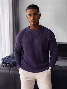 Men's Autumn/Winter Basic Solid Color Casual Fitted Lightweight Sheer Polyester Pique Texture Niche Design Long Sleeve Drop Shoulder Crew Neck Pullover Sweater - Mauve Purple - View 2