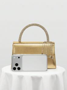 European & American Women's Minimalist Gold Evening Clutch Bag, Luxury Leather Texture Handbag With Glamorous Rhinestone Decor, Small Handheld Bag Suitable For Matching/Ball/Party/Wedding/Bride/Bridesmaid/Birthday Dress, Gift Bag For Women With Random Metal Chain Pattern - Gold - View 3